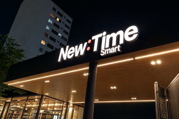 Letra caixa luminosa New:Time Smart em fachada